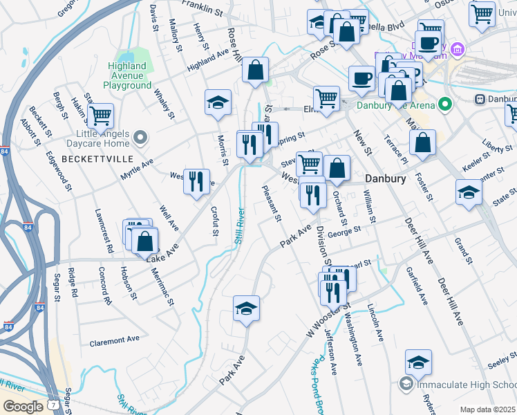 map of restaurants, bars, coffee shops, grocery stores, and more near 4 Bennett Place in Danbury