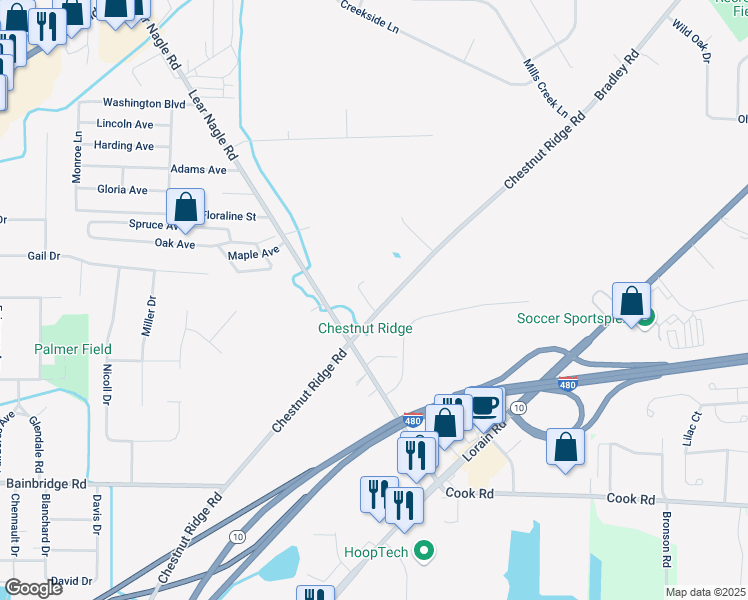 map of restaurants, bars, coffee shops, grocery stores, and more near 32588 Chestnut Ridge Road in North Ridgeville