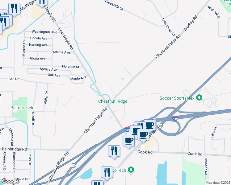 map of restaurants, bars, coffee shops, grocery stores, and more near 32588 Chestnut Ridge Road in North Ridgeville