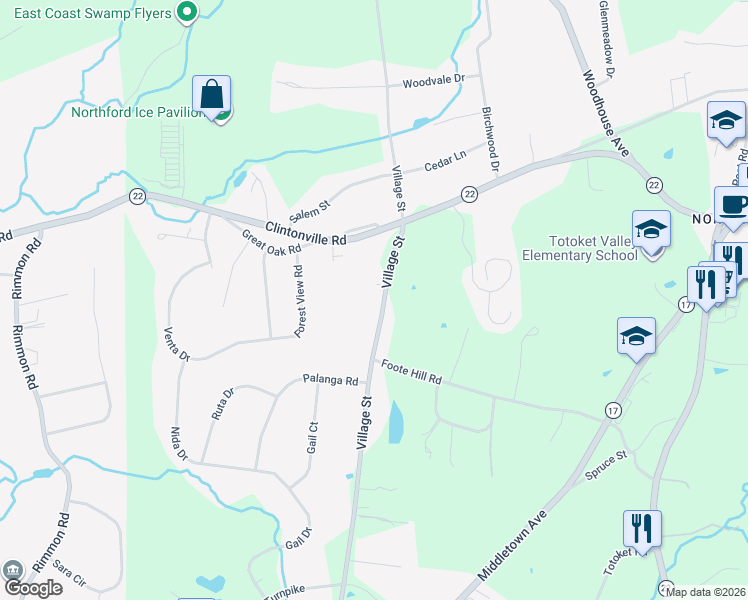 map of restaurants, bars, coffee shops, grocery stores, and more near 462 Village Street in Northford