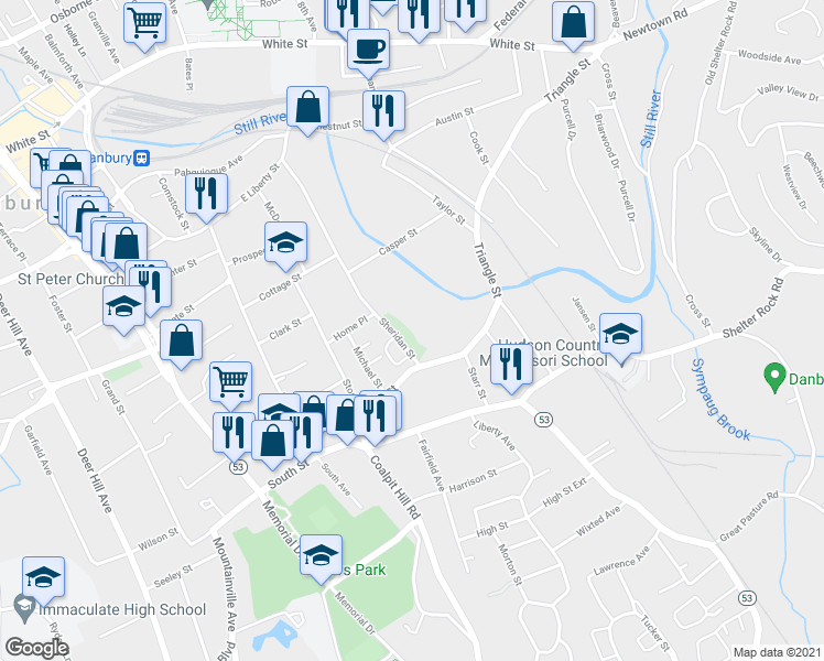 map of restaurants, bars, coffee shops, grocery stores, and more near 19 Sheridan Street in Danbury