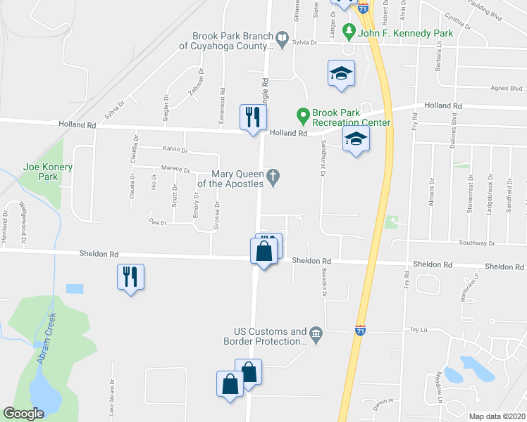 map of restaurants, bars, coffee shops, grocery stores, and more near 17626 Independence Court in Brook Park