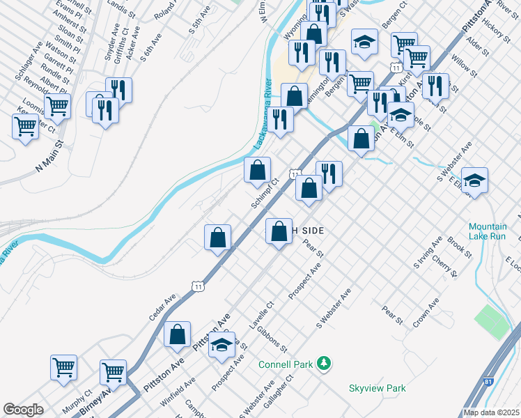 map of restaurants, bars, coffee shops, grocery stores, and more near 1710 Cedar Avenue in Scranton