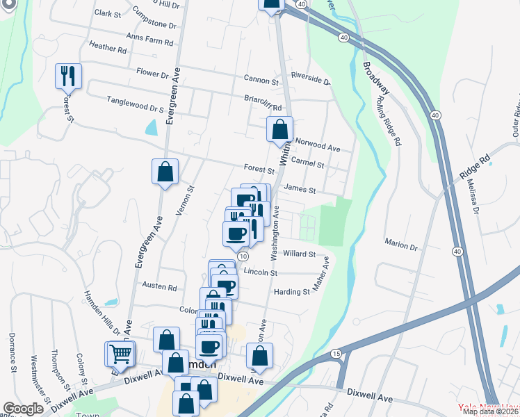 map of restaurants, bars, coffee shops, grocery stores, and more near 2594 Whitney Avenue in Hamden