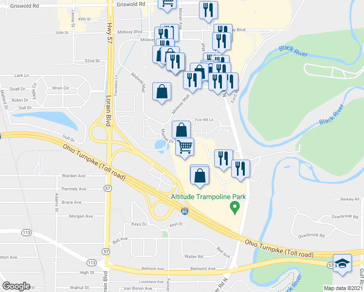 map of restaurants, bars, coffee shops, grocery stores, and more near 380 Market Drive in Elyria