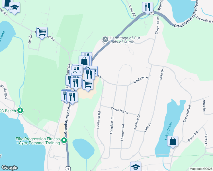 map of restaurants, bars, coffee shops, grocery stores, and more near 41 Baldwin Lane in Mahopac