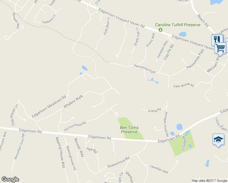 map of restaurants, bars, coffee shops, grocery stores, and more near 126 Whalers Walk in Edgartown