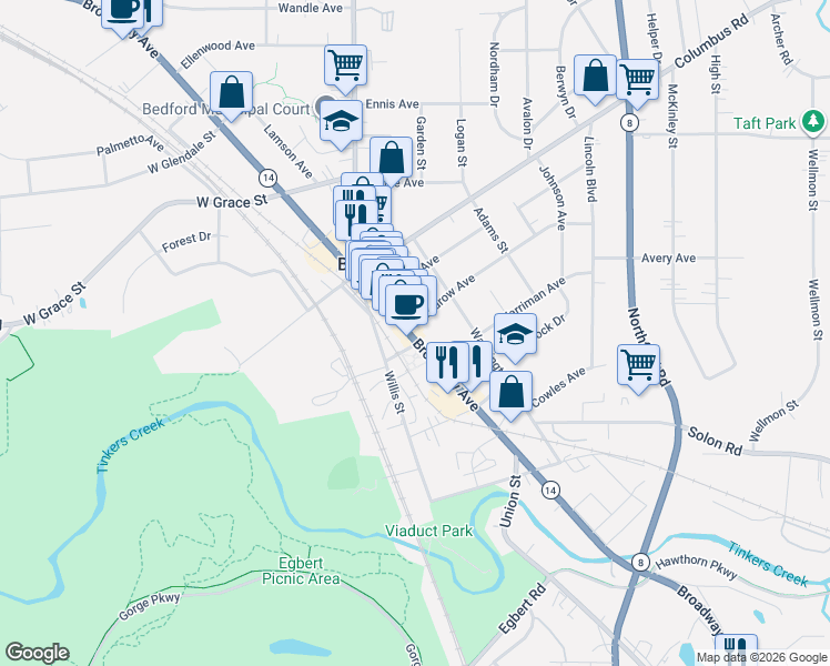 map of restaurants, bars, coffee shops, grocery stores, and more near 739 Broadway Avenue in Bedford
