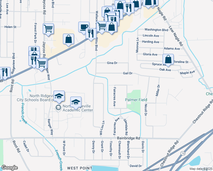 map of restaurants, bars, coffee shops, grocery stores, and more near 6867 Wil-Lou Ln in North Ridgeville