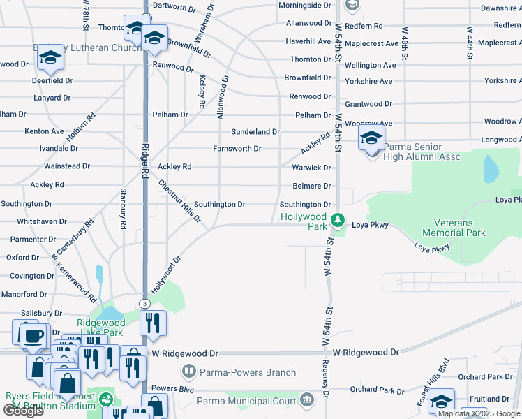 map of restaurants, bars, coffee shops, grocery stores, and more near 6103 Southington Drive in Parma