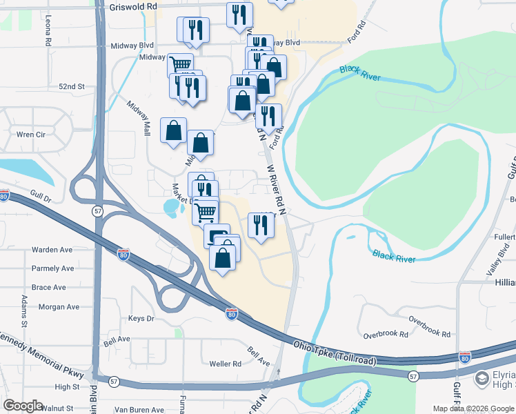 map of restaurants, bars, coffee shops, grocery stores, and more near 129 David Drive in Elyria