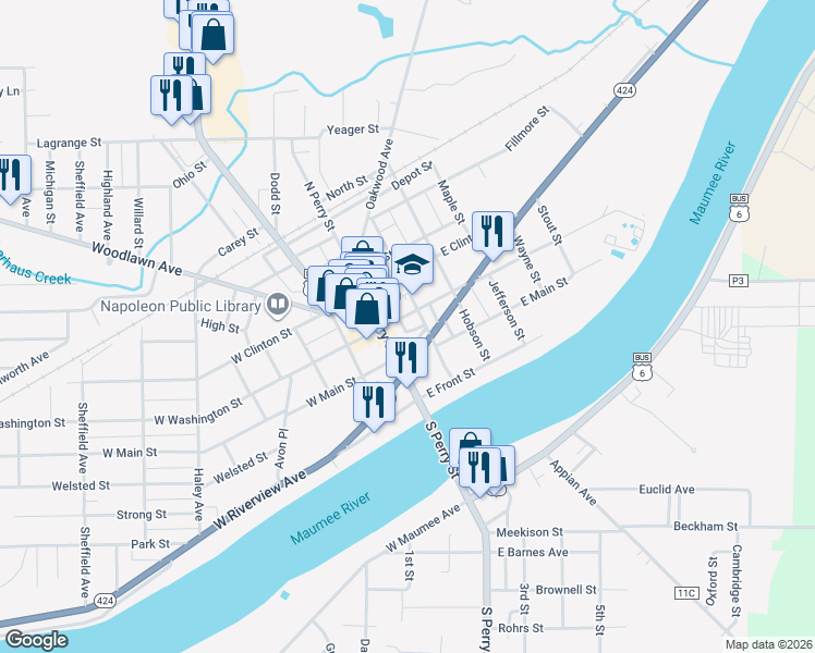 map of restaurants, bars, coffee shops, grocery stores, and more near 123 East Washington Street in Napoleon