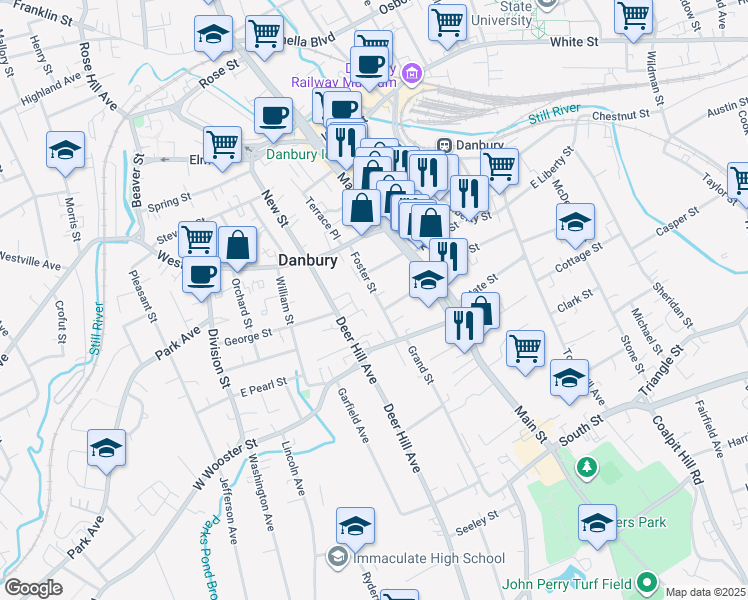 map of restaurants, bars, coffee shops, grocery stores, and more near 18 Foster Street in Danbury