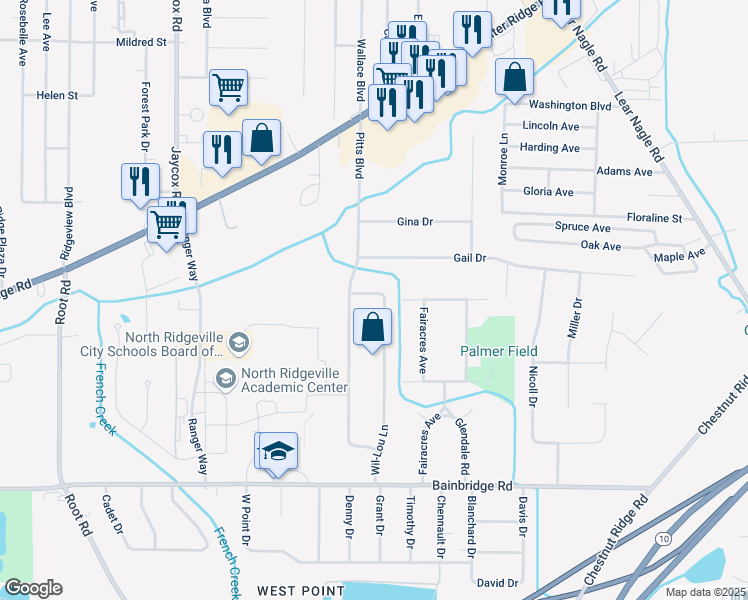map of restaurants, bars, coffee shops, grocery stores, and more near 6867 Wil-Lou Lane in North Ridgeville