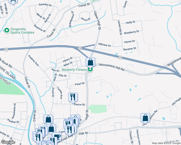 map of restaurants, bars, coffee shops, grocery stores, and more near 231 High Street in Westerly