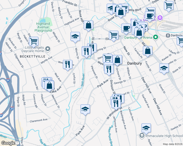 map of restaurants, bars, coffee shops, grocery stores, and more near 4 Bennett Place in Danbury