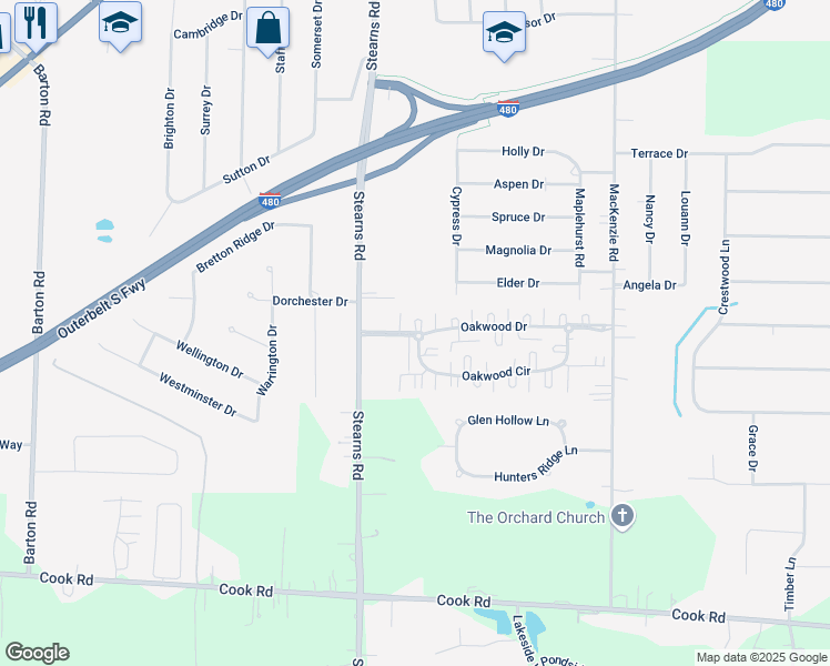 map of restaurants, bars, coffee shops, grocery stores, and more near 27080 Oakwood Drive in North Olmsted