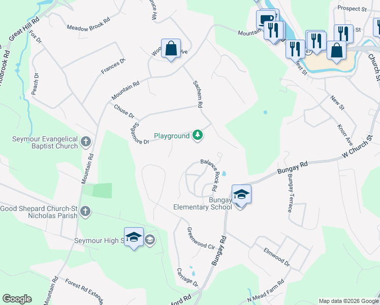 map of restaurants, bars, coffee shops, grocery stores, and more near 80 Balance Rock Road in Seymour