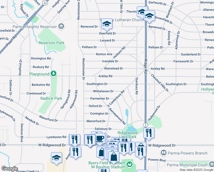 map of restaurants, bars, coffee shops, grocery stores, and more near 8107 Southington Drive in Parma