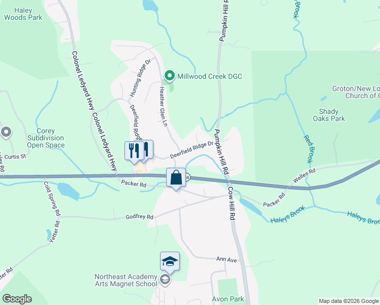 map of restaurants, bars, coffee shops, grocery stores, and more near 67 Deerfield Ridge Drive in Groton