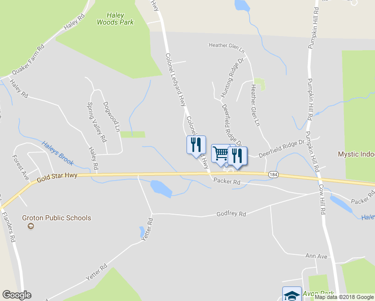 map of restaurants, bars, coffee shops, grocery stores, and more near 47 Quaker Town Road in Groton