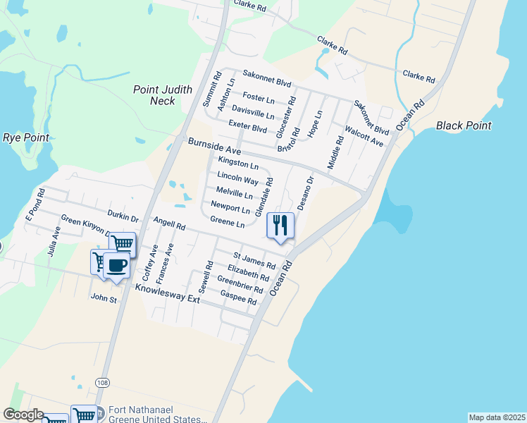 map of restaurants, bars, coffee shops, grocery stores, and more near 37 Glendale Road in Narragansett