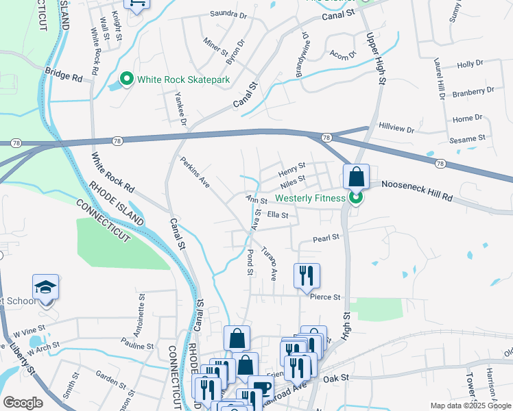 map of restaurants, bars, coffee shops, grocery stores, and more near 16 Ava Street in Westerly