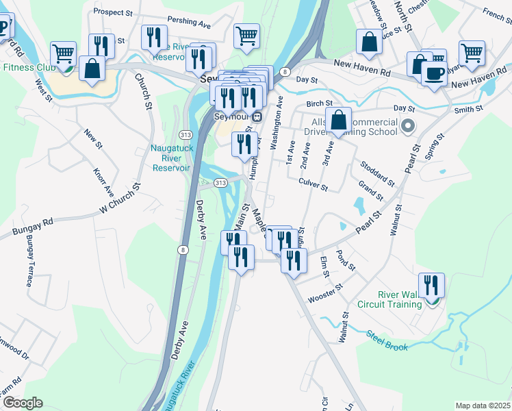 map of restaurants, bars, coffee shops, grocery stores, and more near 7 Maple Street in Seymour