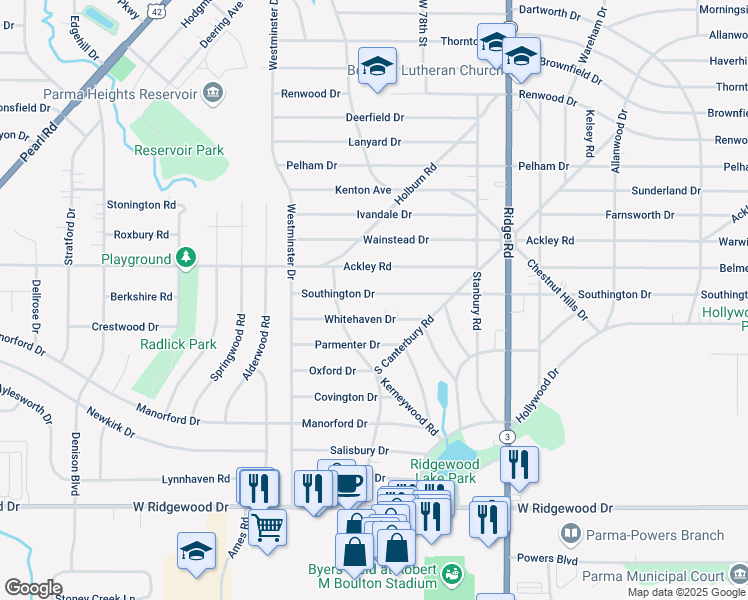 map of restaurants, bars, coffee shops, grocery stores, and more near 8107 Southington Drive in Parma