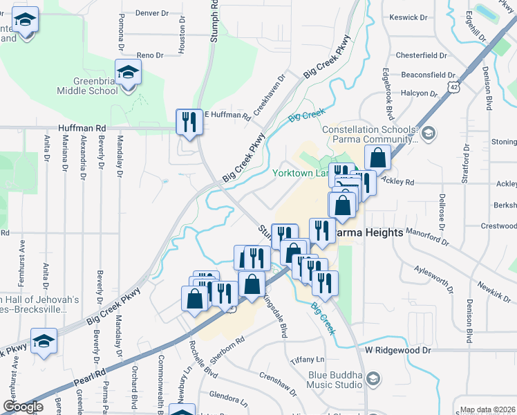 map of restaurants, bars, coffee shops, grocery stores, and more near 6359 Stumph Road in Parma Heights