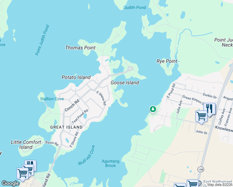 map of restaurants, bars, coffee shops, grocery stores, and more near 14 Wild Goose Ln in Narragansett