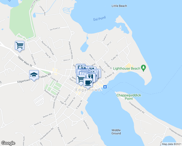 map of restaurants, bars, coffee shops, grocery stores, and more near 56 North Summer Street in Edgartown