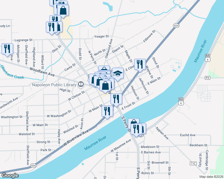 map of restaurants, bars, coffee shops, grocery stores, and more near 123 East Washington Street in Napoleon