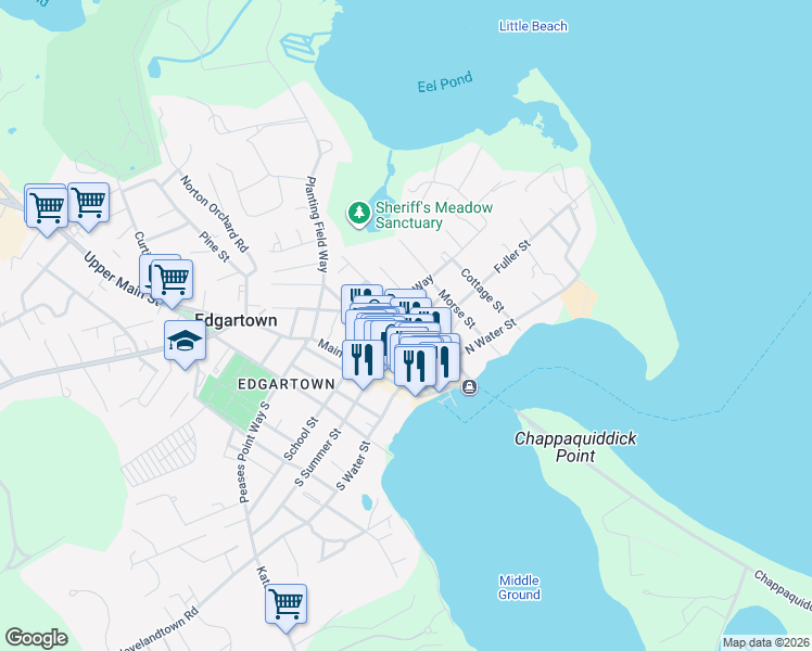 map of restaurants, bars, coffee shops, grocery stores, and more near 51 Winter Street in Edgartown