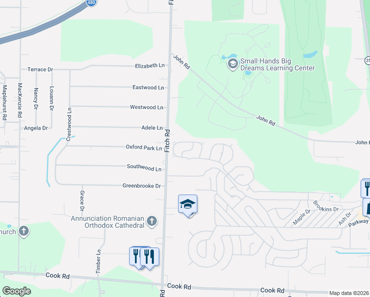map of restaurants, bars, coffee shops, grocery stores, and more near 6 Overland Drive in Cuyahoga County