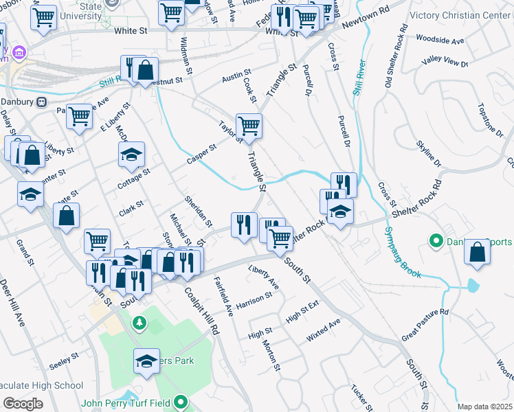 map of restaurants, bars, coffee shops, grocery stores, and more near 68 Triangle Street in Danbury