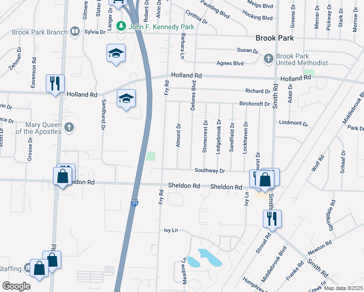 map of restaurants, bars, coffee shops, grocery stores, and more near 6469 Almont Drive in Brook Park