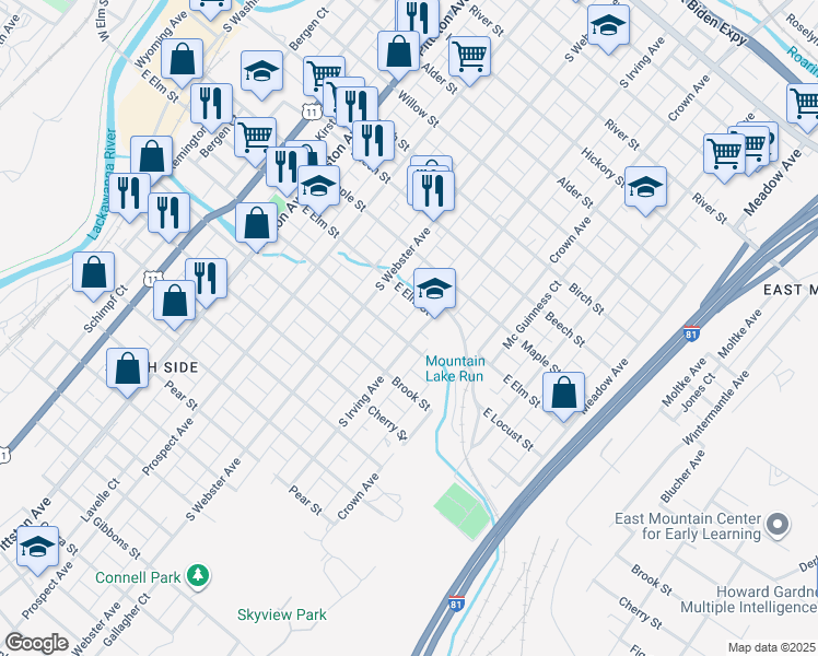 map of restaurants, bars, coffee shops, grocery stores, and more near 1112 South Irving Avenue in Scranton
