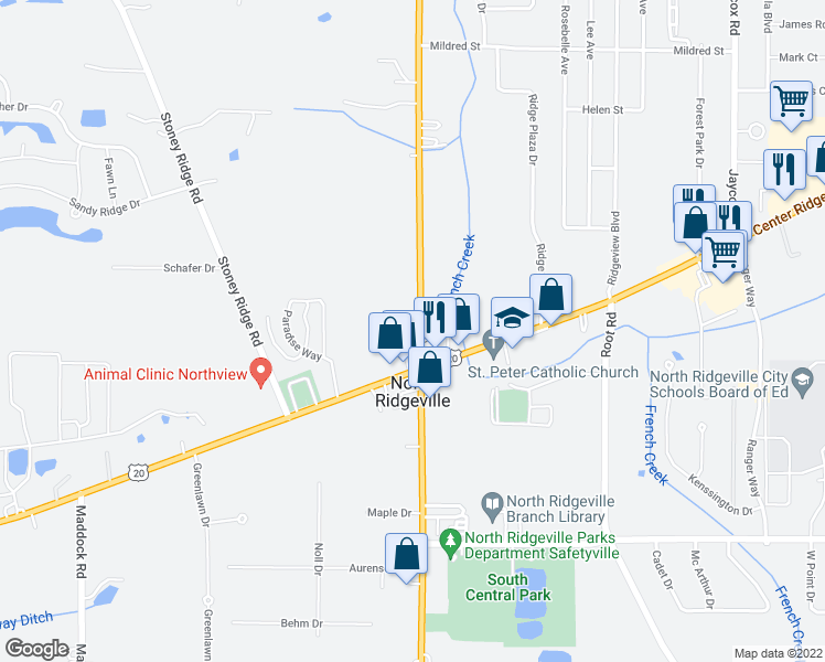 map of restaurants, bars, coffee shops, grocery stores, and more near 6860 Avon Belden Road in North Ridgeville