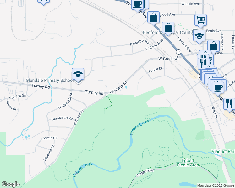 map of restaurants, bars, coffee shops, grocery stores, and more near 286 West Grace Street in Bedford