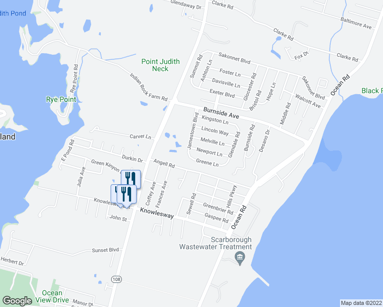 map of restaurants, bars, coffee shops, grocery stores, and more near 49 Jamestown Boulevard in Narragansett