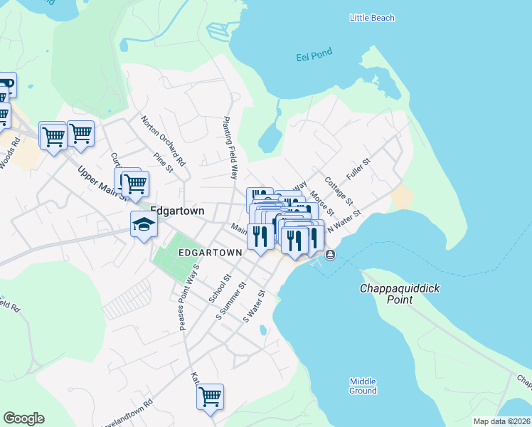 map of restaurants, bars, coffee shops, grocery stores, and more near 68 Winter Street in Edgartown