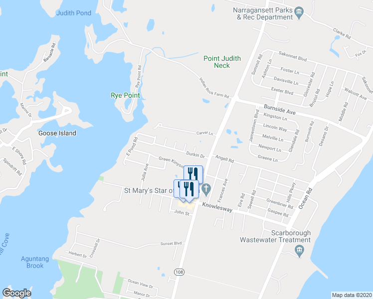 map of restaurants, bars, coffee shops, grocery stores, and more near 1 Martin Court in Narragansett
