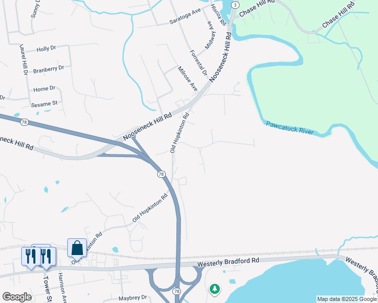 map of restaurants, bars, coffee shops, grocery stores, and more near 7 Schilke Drive in Westerly