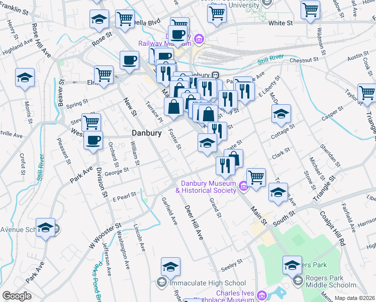 map of restaurants, bars, coffee shops, grocery stores, and more near 12 Boughton Street in Danbury