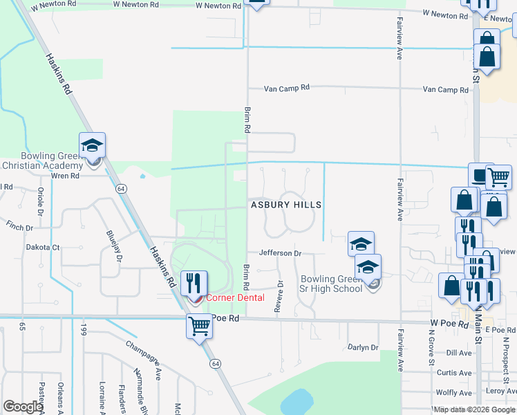 map of restaurants, bars, coffee shops, grocery stores, and more near 21 Trafalgar Bend in Bowling Green