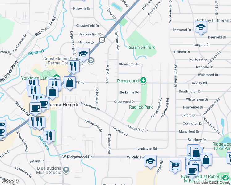 map of restaurants, bars, coffee shops, grocery stores, and more near 6336 Denison Boulevard in Parma Heights