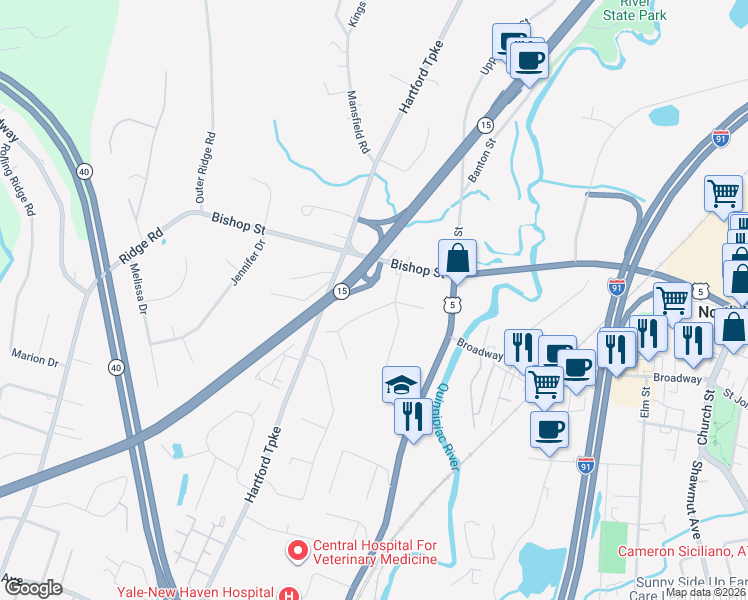 map of restaurants, bars, coffee shops, grocery stores, and more near 19 Russell Road in North Haven