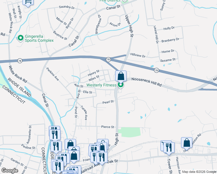 map of restaurants, bars, coffee shops, grocery stores, and more near 6 Brookside Road in Westerly