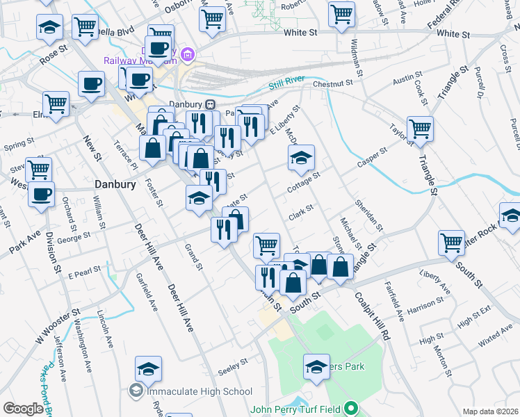 map of restaurants, bars, coffee shops, grocery stores, and more near 13 Park Place in Danbury